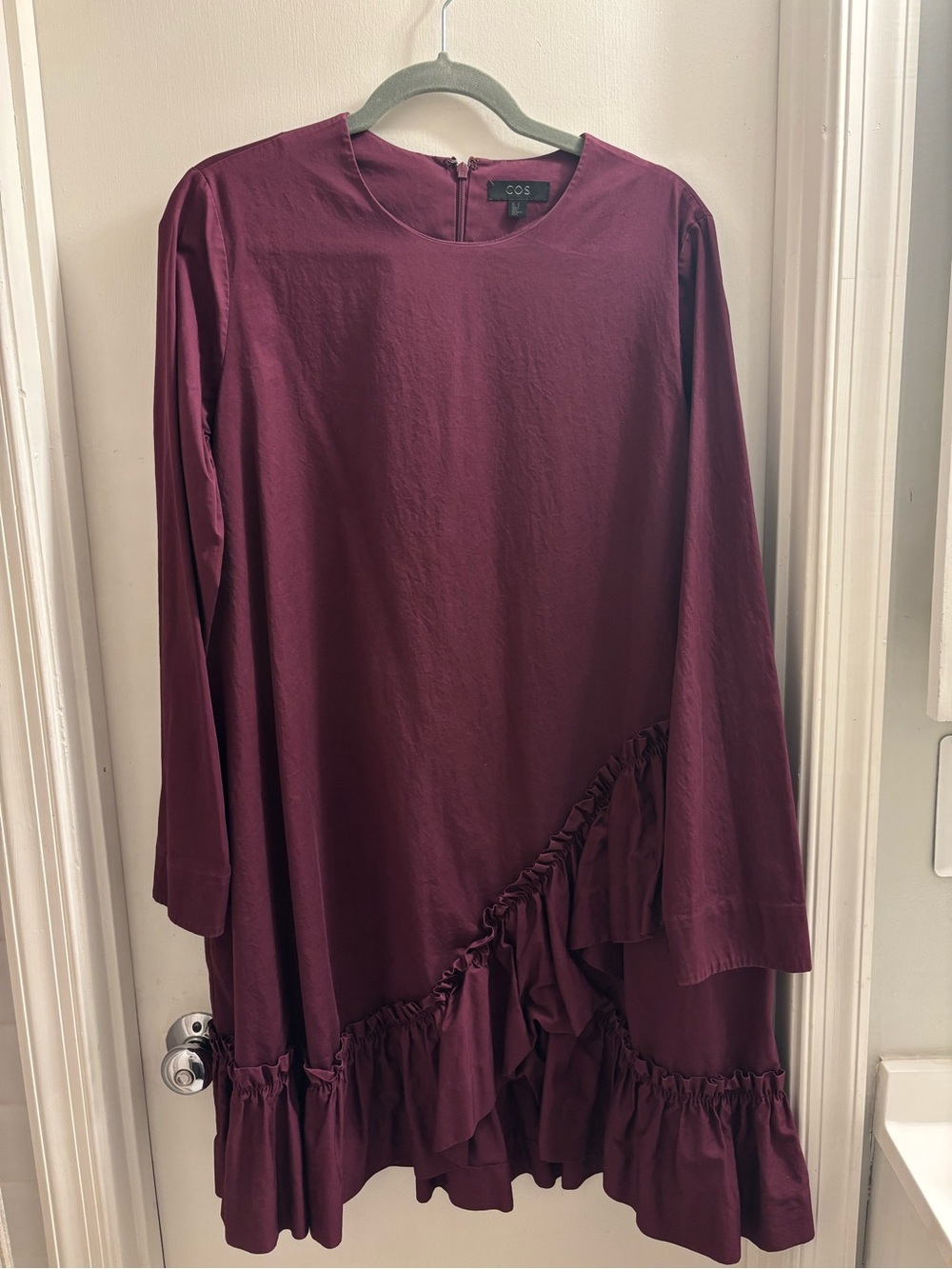 COS Long Sleeve Ruffle-Hem Dress in Plum